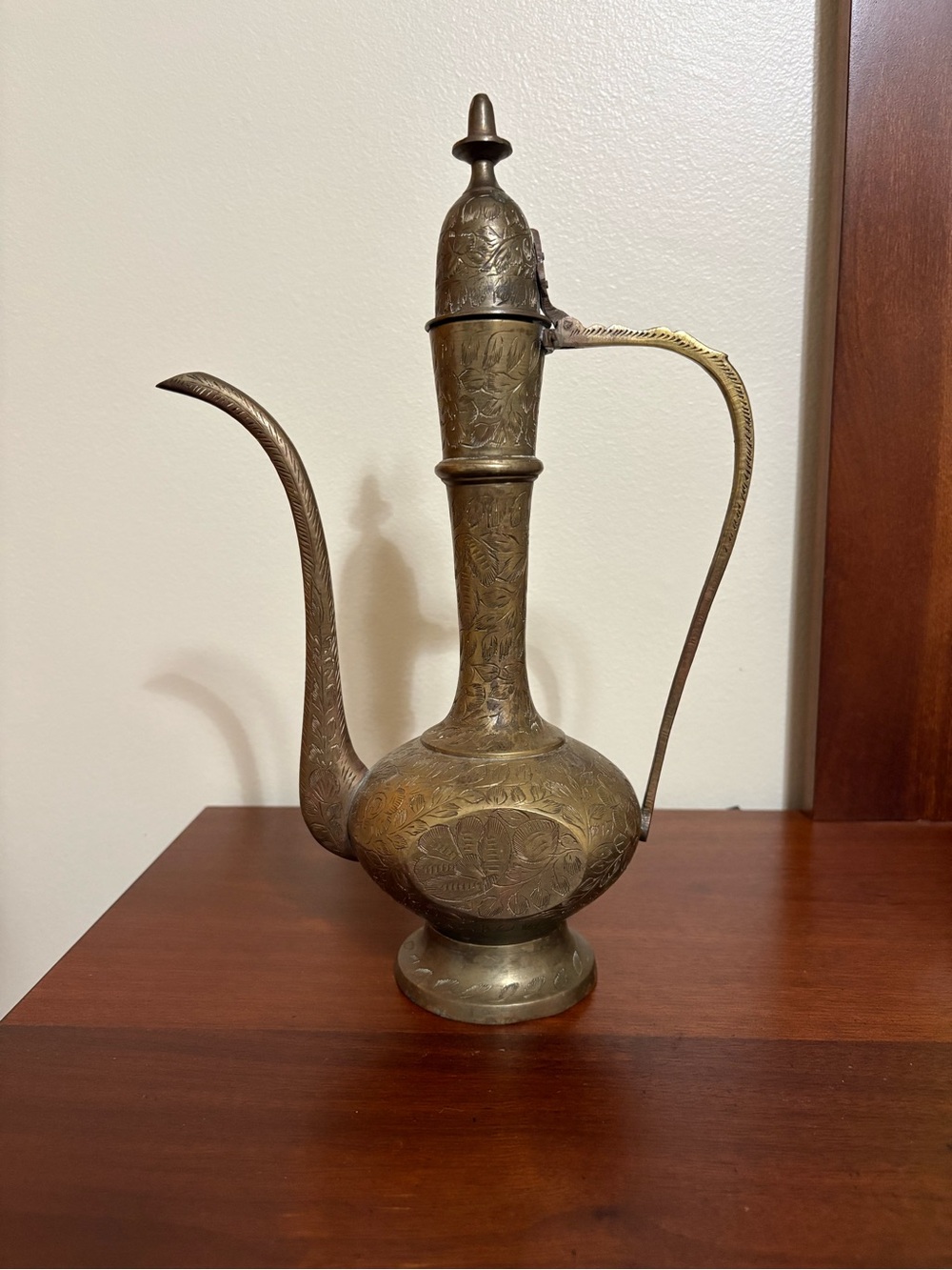 Vintage Solid Brass Teapot Genie Lamp Pitcher Made in India Tall Ornate Etched